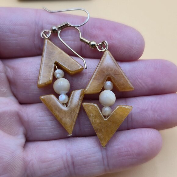 Gold Over Copper Orange Yellow Aventurine Stone Vintage Earrings A5971 - Picture 3 of 5